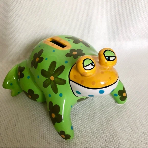 Ganz ceramic green frog piggy bank flowers polka dots EUC hand painted - Picture 5 of 14